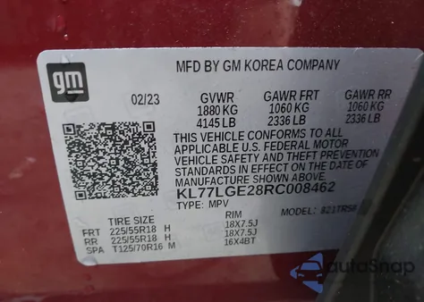 2024 Chevrolet Trax Fwd 1Rs z USA, uszkodzony, nr VIN KL77LGE28RC008462